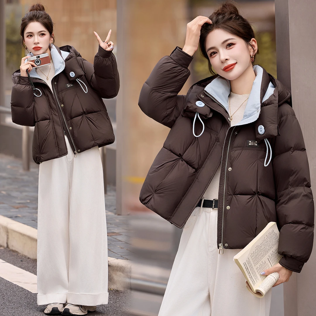 韩版小个子拼色连帽羽绒服女2025冬季新款加厚保暖白鸭绒短款外套