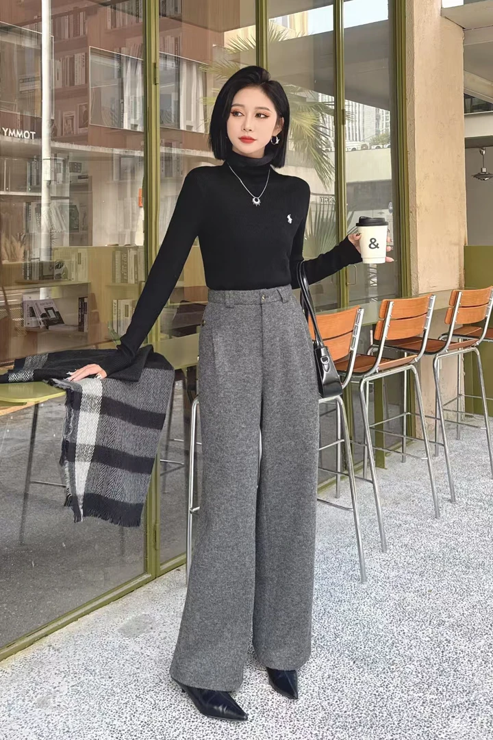 美美推荐8880窄版加厚高腰毛呢西装裤新款阔腿裤