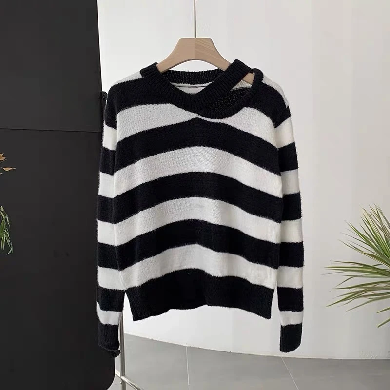 条纹休闲风显瘦水洗长袖毛针织衫百搭秋冬网红休闲黑色针织衫