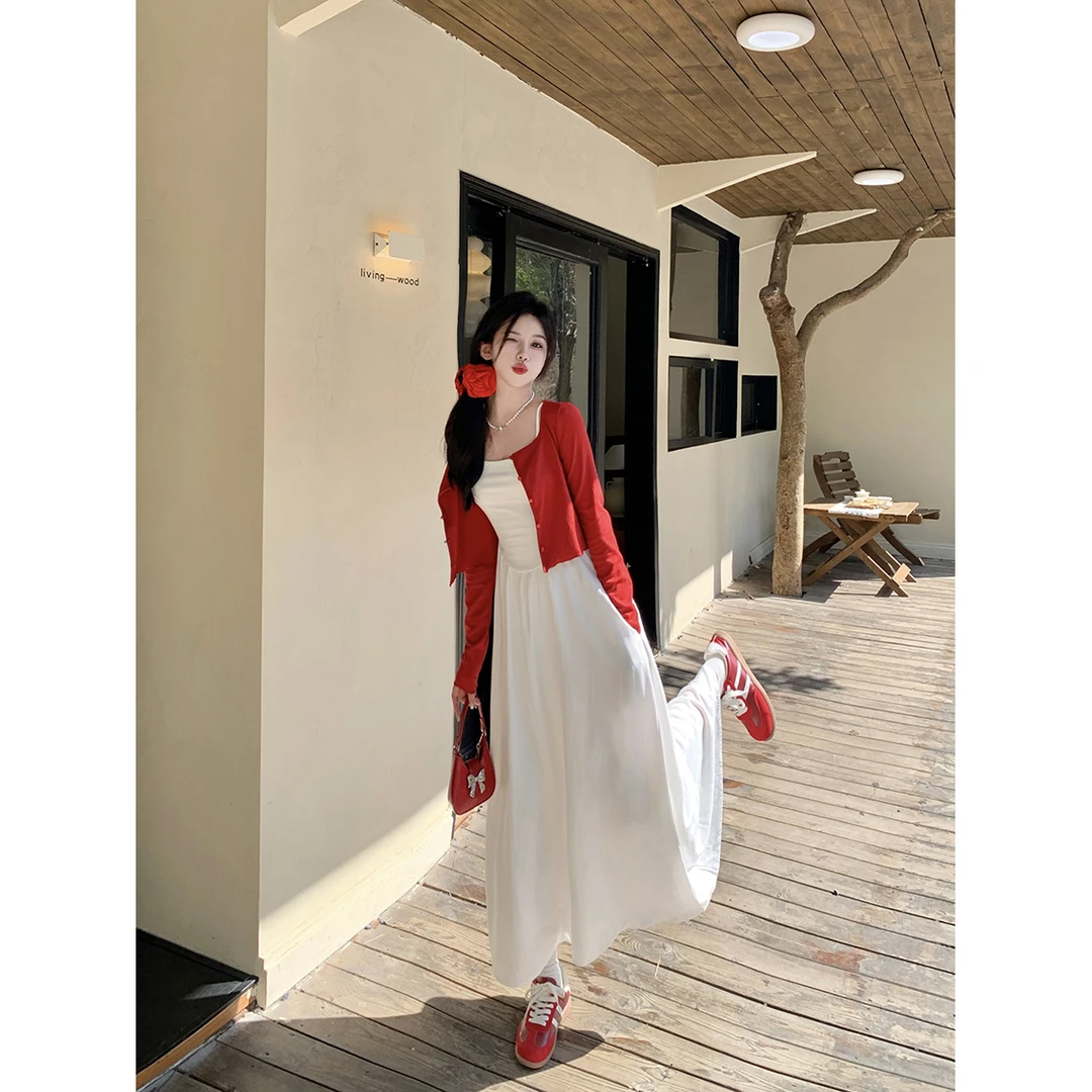早春穿搭一整套女装2025春季新款胖mm显瘦吊带裙+针织开衫两件套