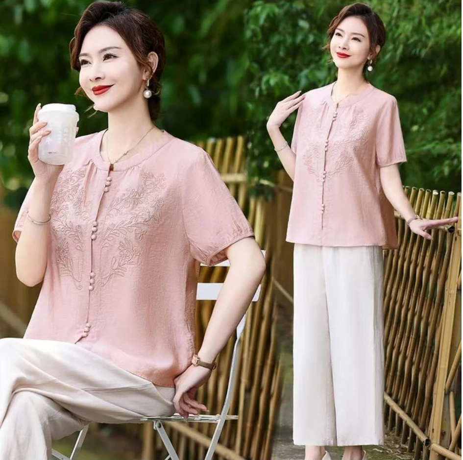 套装女夏季新款中年妈妈装刺绣衬衣裤子女33080