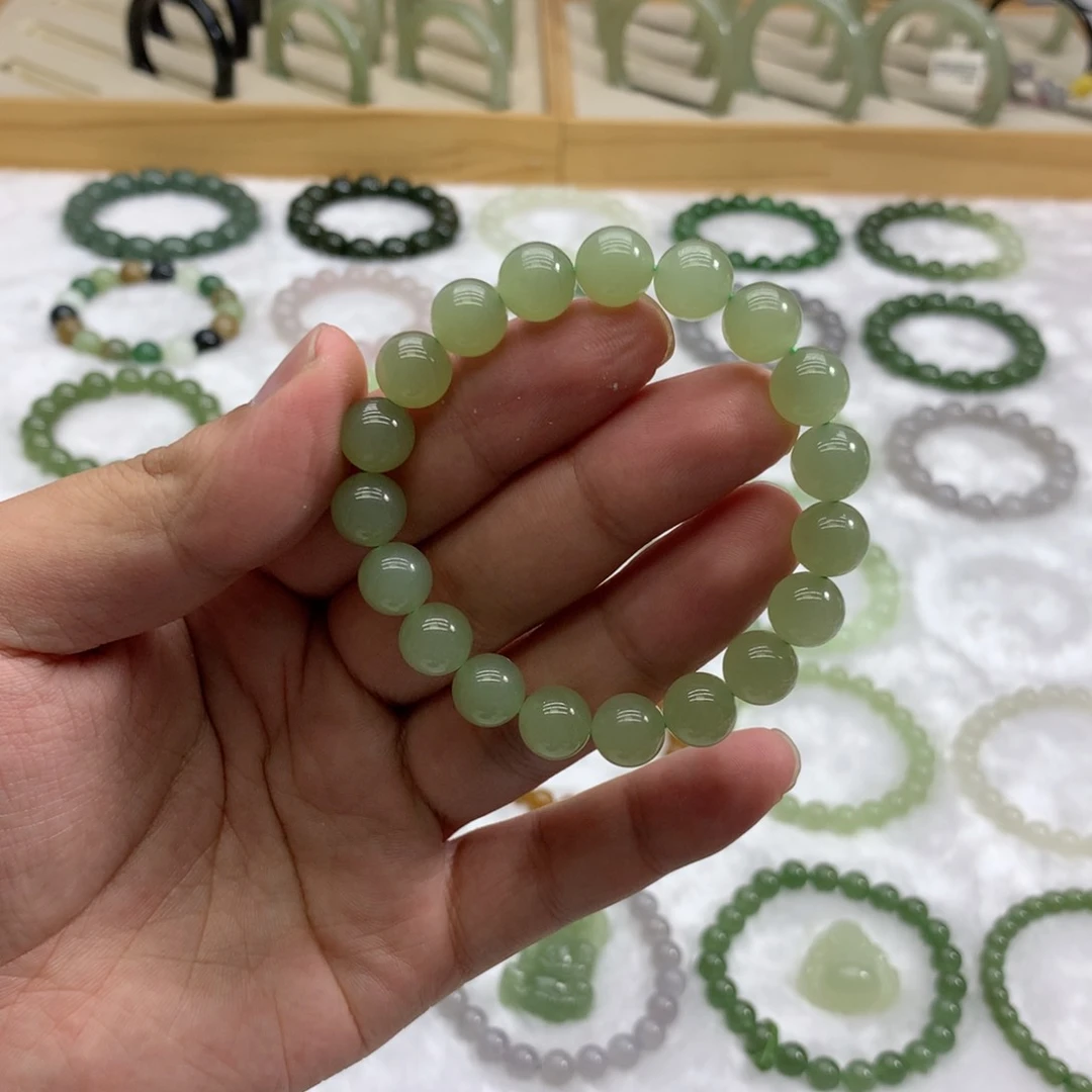 和田玉未镶嵌手串（冰晴绿9.7）