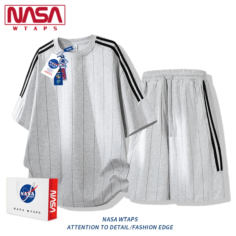 NASA WTAPS美式条纹休闲运动套装男款夏季宽松短袖T恤短裤两件套