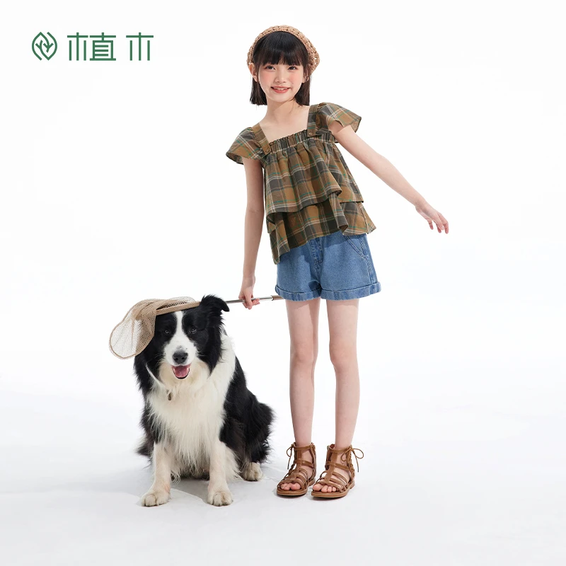 植木童装女童衬衫2025夏季新款中大童格纹娃娃衫短上衣儿童衬衫