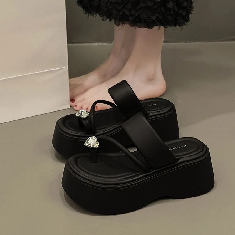 绝美松糕厚底凉拖鞋女夏季外穿2025新款高级感增高超火黑色一字拖