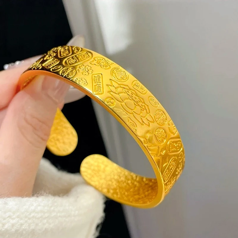 【矿金手工制作】14n古法錾刻宽面吉言八宝手镯莲花开口镯子复古