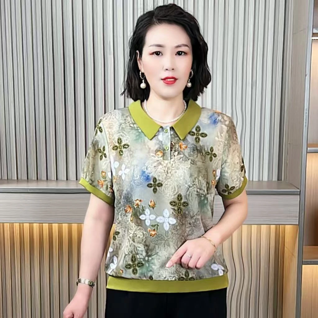 妈妈装夏季新款短袖40-50岁气质女装时尚洋气女士短袖衫翻领显瘦