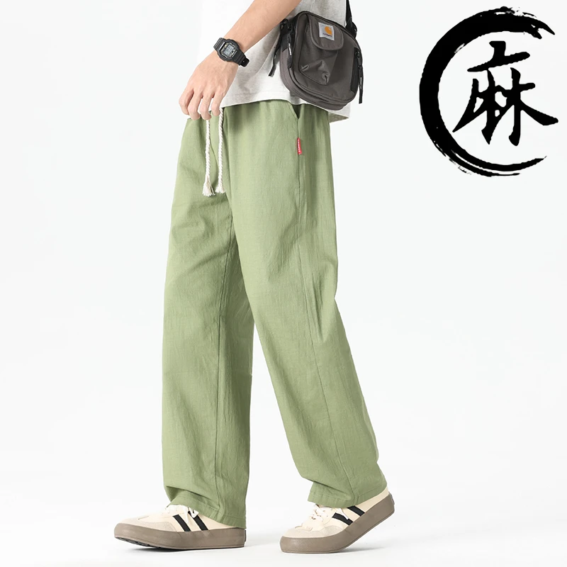 直筒宽松阔腿棉麻长裤男，成分97%棉3%氨纶裤子夏季休闲裤薄款