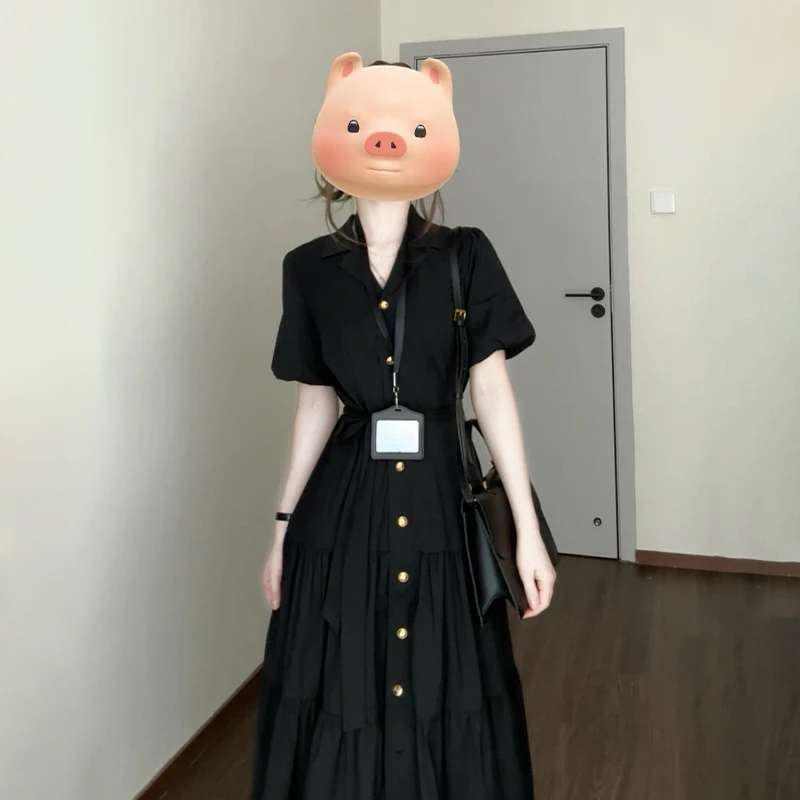 赫本风法式黑色翻领衬衫连衣裙子女夏季2025新款爆款气质蛋糕长裙