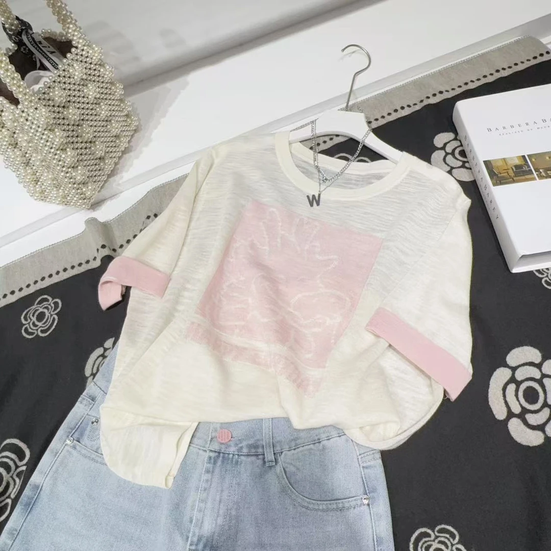 胸110-140长58短袖拼色字母毛针织衫拼接休闲百搭毛衣套头 8746