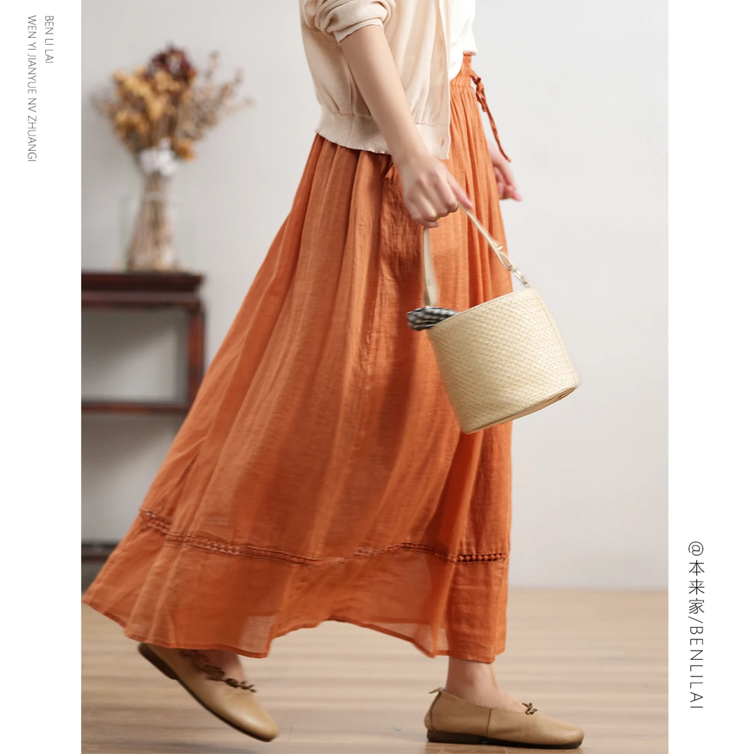 【本利来】文艺百搭高腰显瘦苎麻半身裙女夏季长款半身裙4829