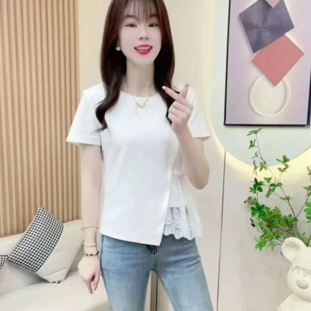 显瘦蕾丝修身百搭气质洋气拼接常规款不起球韩版小众T恤爆款短袖
