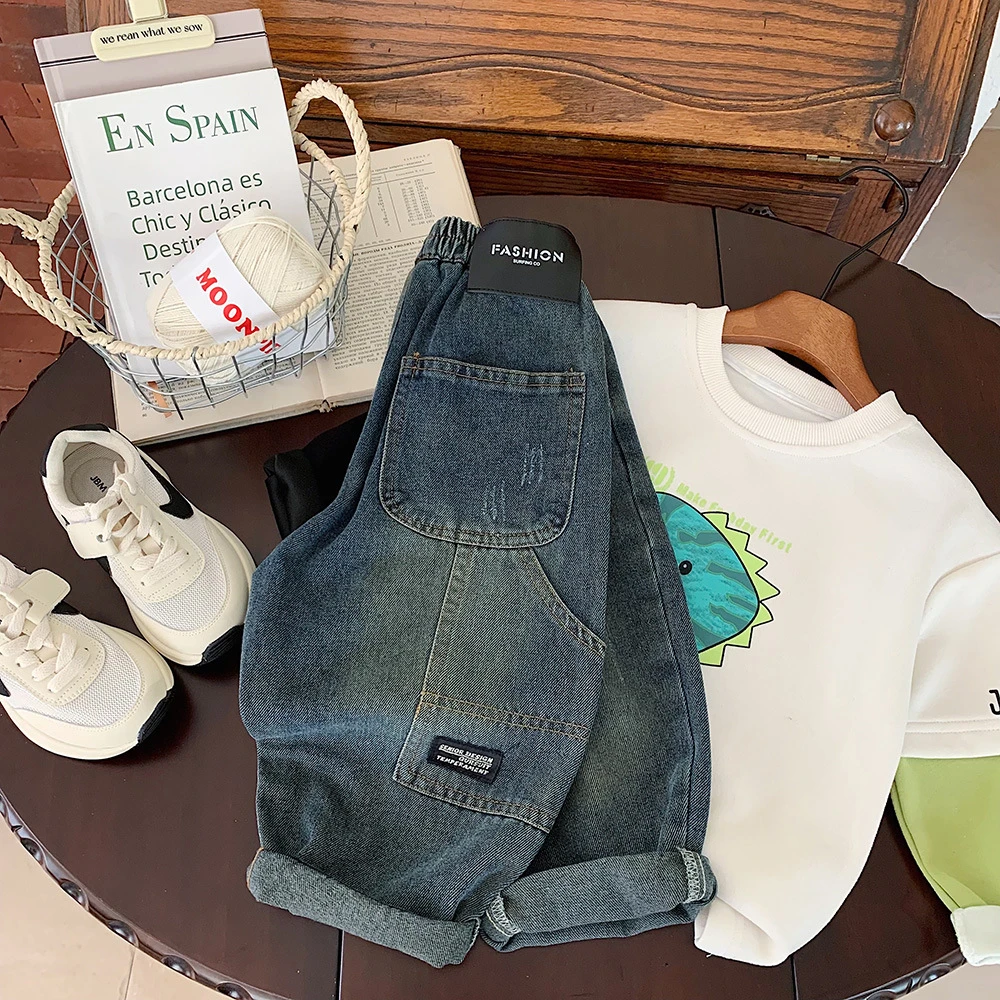 牛仔裤2025春季新款童装男童韩版拼接贴标长裤宝宝洋气外穿潮