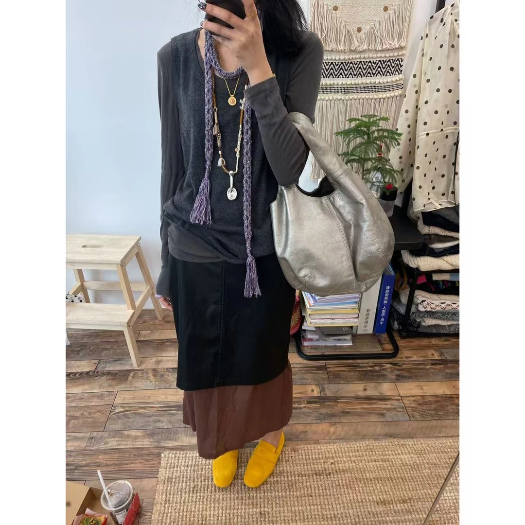 假两件拼接皮半裙！pu皮人棉两件叠穿感个性百搭优雅秋冬半身裙