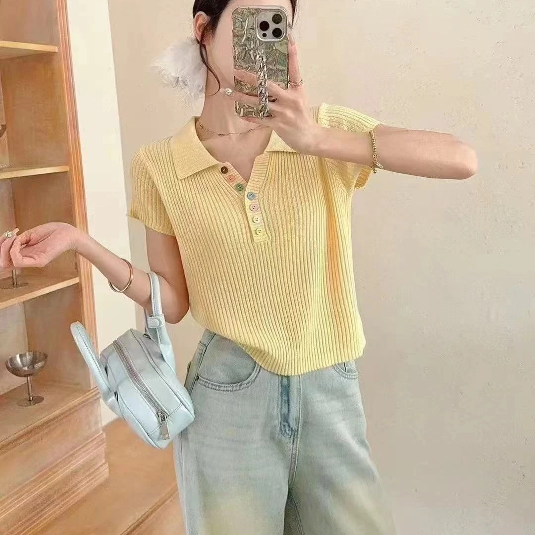 韩系v领气质彩色扣子正肩针织衫短袖女套头显瘦甜美t恤女时尚夏