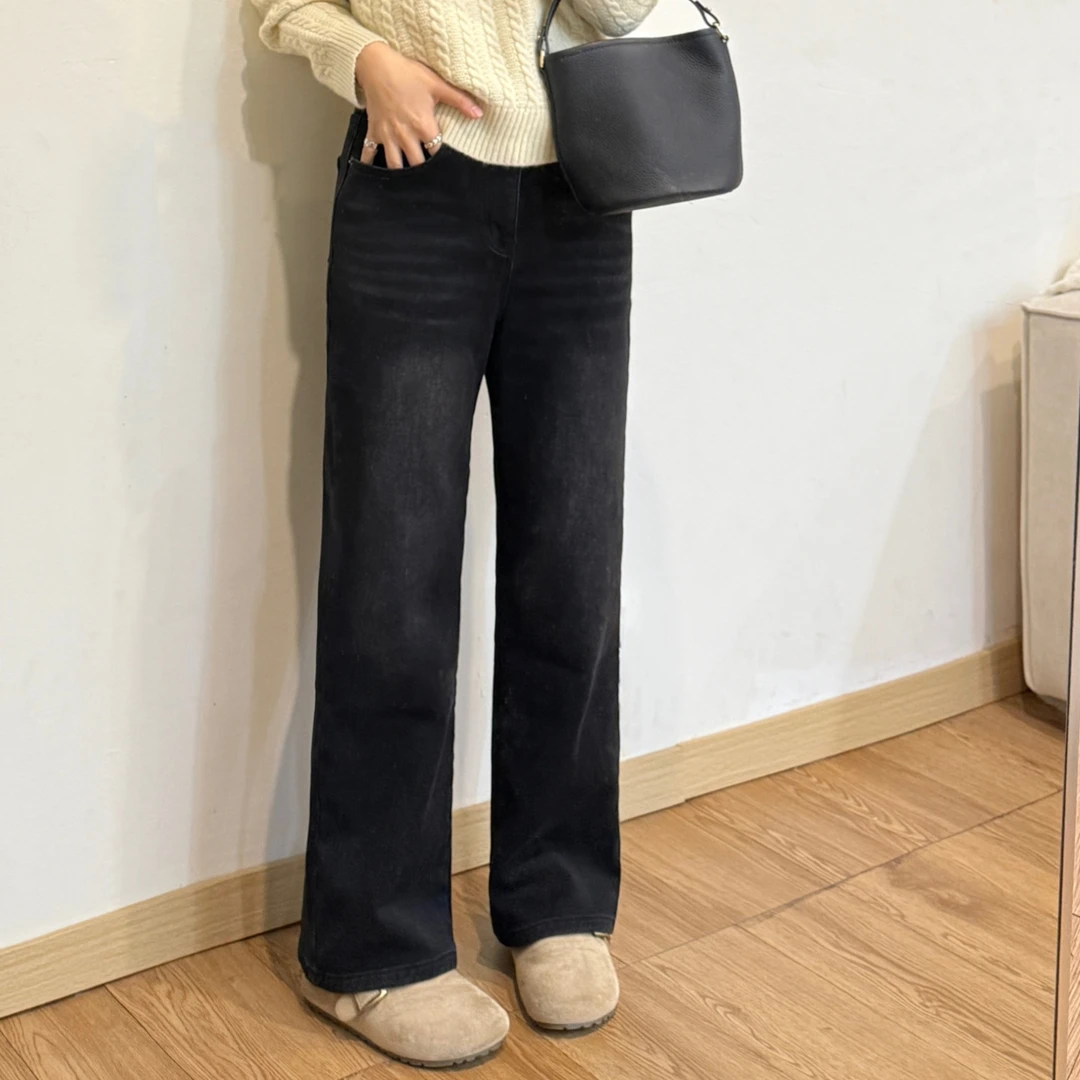 大妍【黑金牛仔】冬季小个子加绒加厚显瘦百搭黑色牛仔裤直筒裤9390