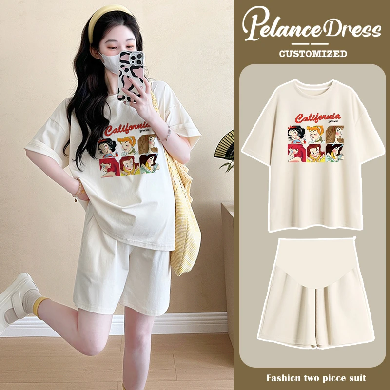 孕妇夏装短袖t恤圆领不显怀上衣休闲宽松短裤两件套2024新款时尚