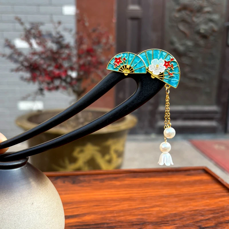 天然黑檀木发簪15cm新中式国风网红民族风古风步摇盘发簪