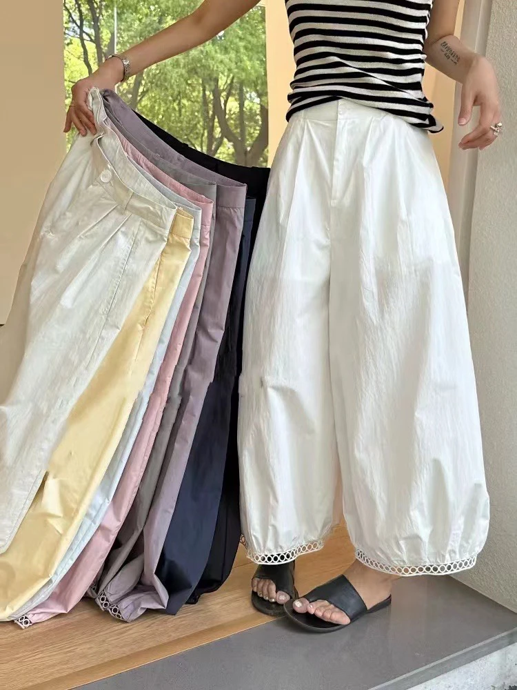 夏季新款黑白拼接蕾丝薄款高腰九分阔腿裤宽松显瘦