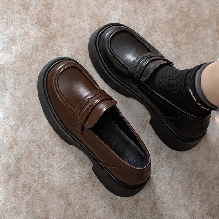 【真皮】厚底乐福鞋女2024秋新款内增高单鞋百搭一脚蹬英伦风小皮鞋