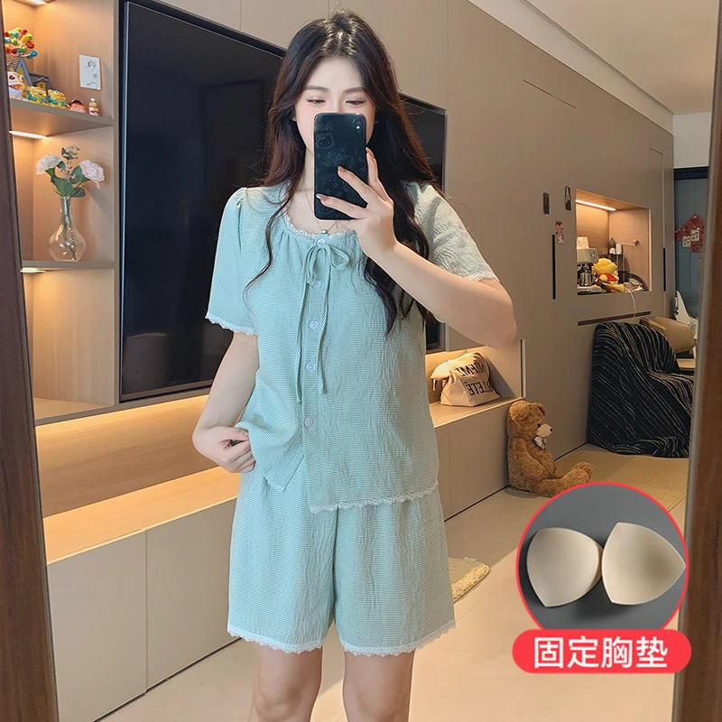 新款中式甜美短裤夏季时尚常规短袖家居服套装超薄睡衣带胸垫
