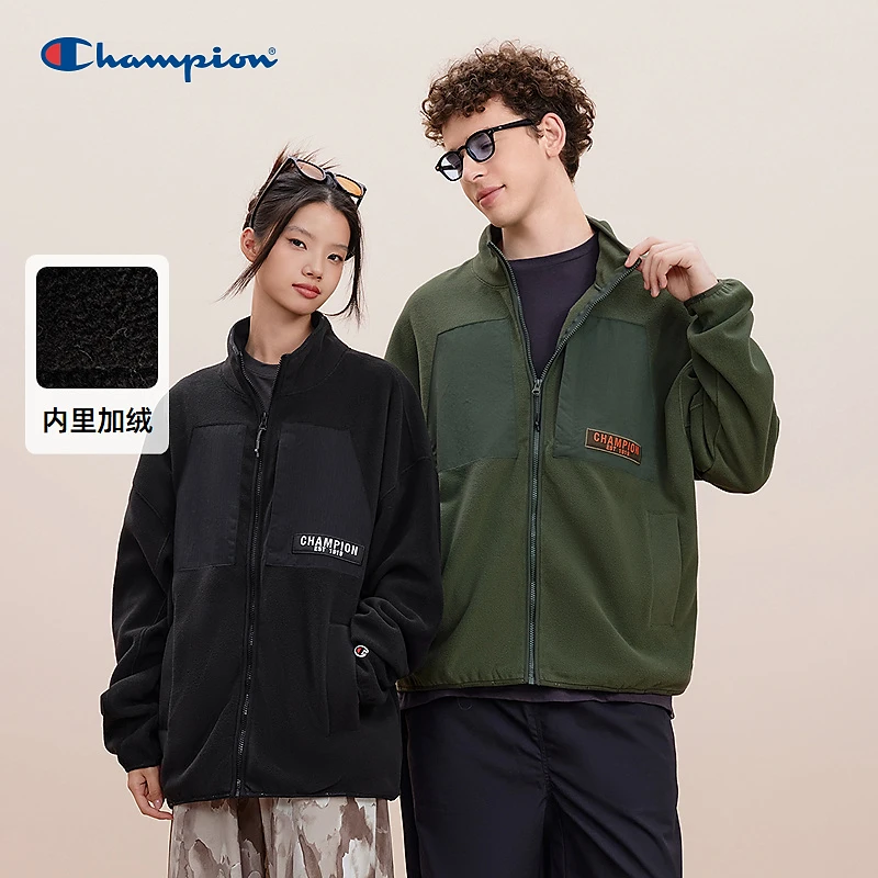 Champion冠军刺绣徽标时尚百搭休闲舒适立领保暖抓绒夹克