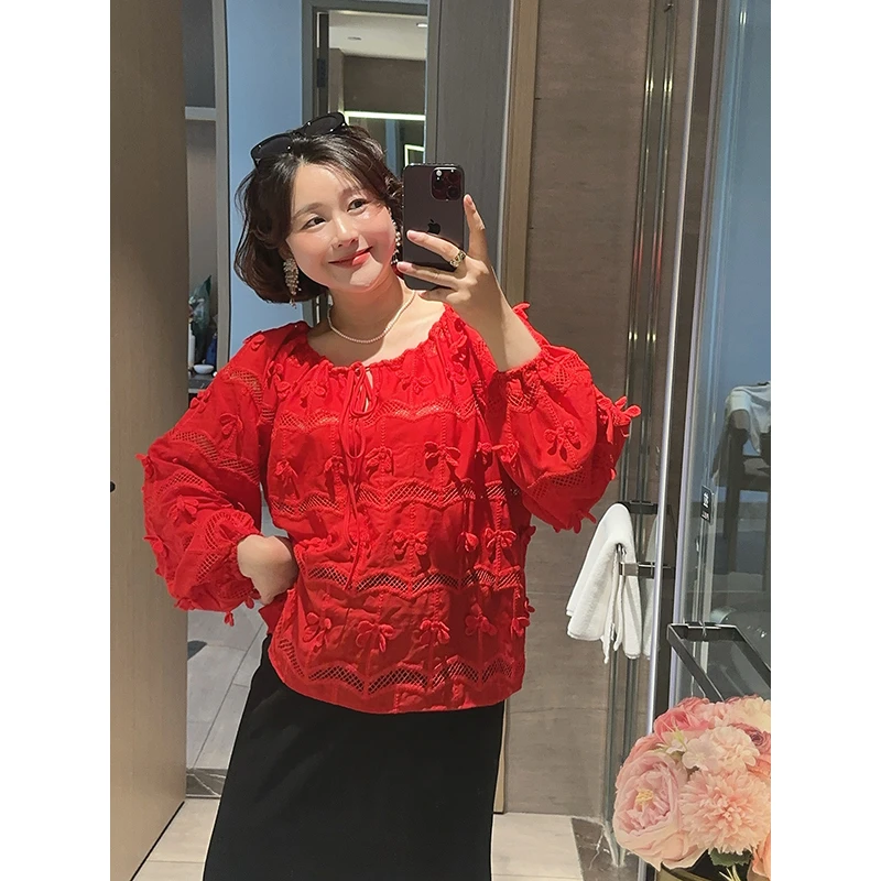 【DIS 现货】【颜颜红叶】春季百搭显瘦一字肩镂空长袖衬衫Z525X04404