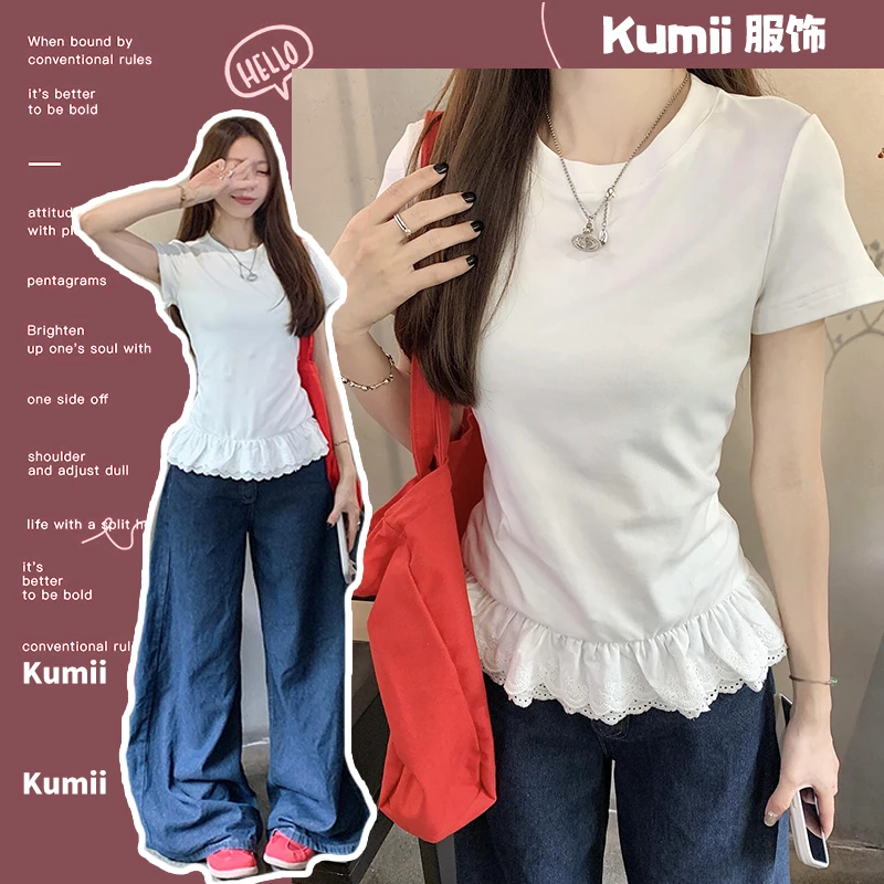 夏季新款甜美小众设计修身减龄下摆拼接蕾丝花边短袖T恤短款上衣