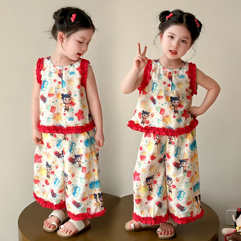 女童夏装套装2025新款儿童洋气卡通背心哪吒阔腿裤女宝夏季两件套