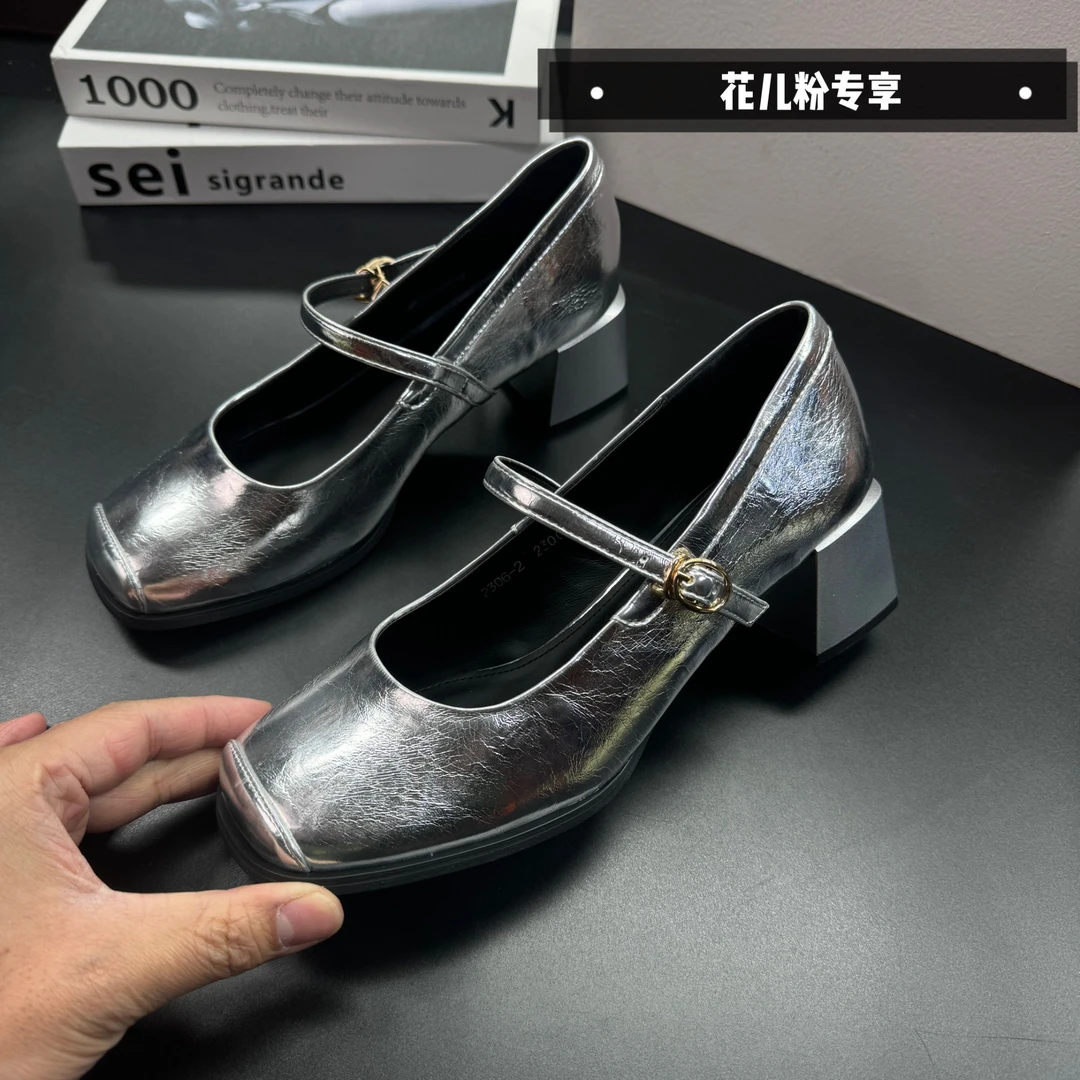 高跟单鞋皮鞋中跟女士浅口夏季女鞋跟鞋玛丽珍鞋粗跟2306-2银色