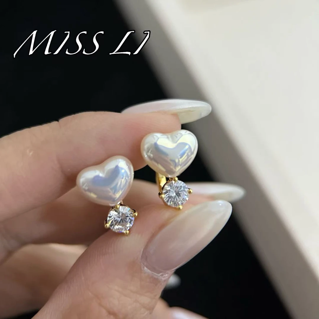 铜合金合成锆石耳饰 人鱼姬爱心珠珠锆石耳环 时尚 气质 精致 811