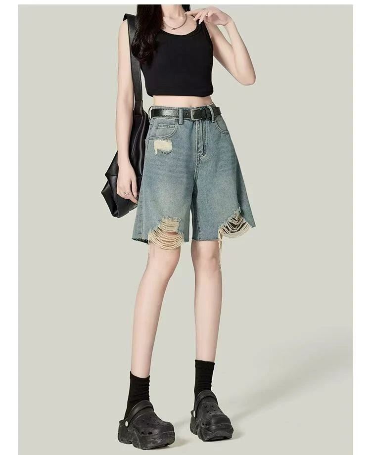 夏季显瘦高腰直筒百搭薄款宽松破洞短裤短裙