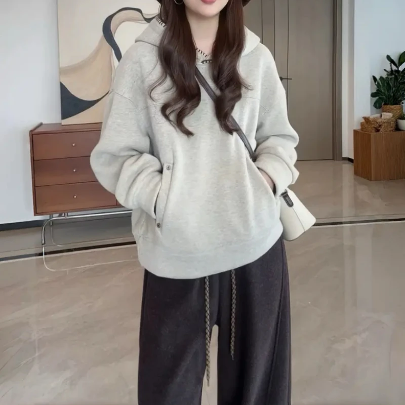 慵懒宽松连帽卫衣女秋冬新款胖MM大码女装百搭休闲设计感打底上衣