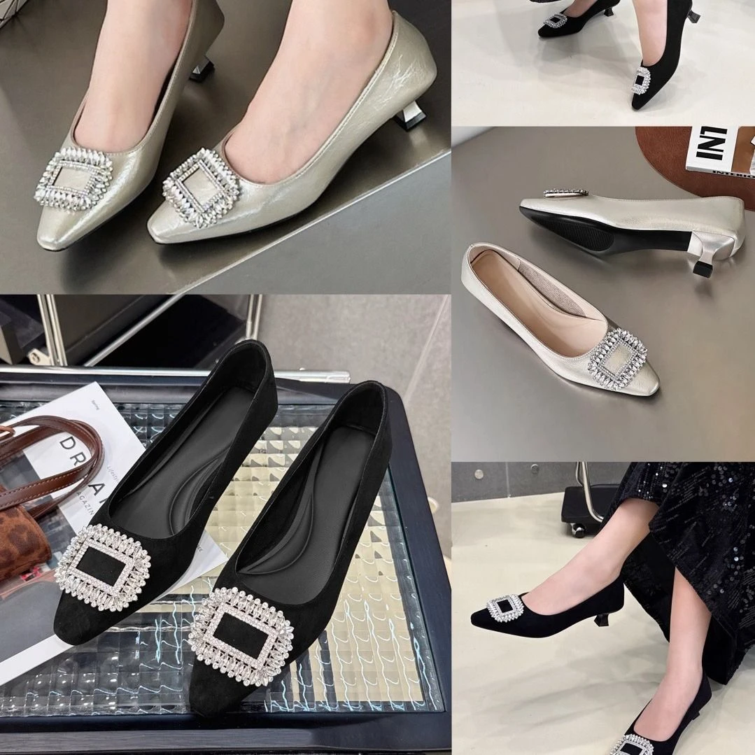 单鞋17-02低跟浅口方扣精致水钻时尚秋季百搭舒适女单鞋