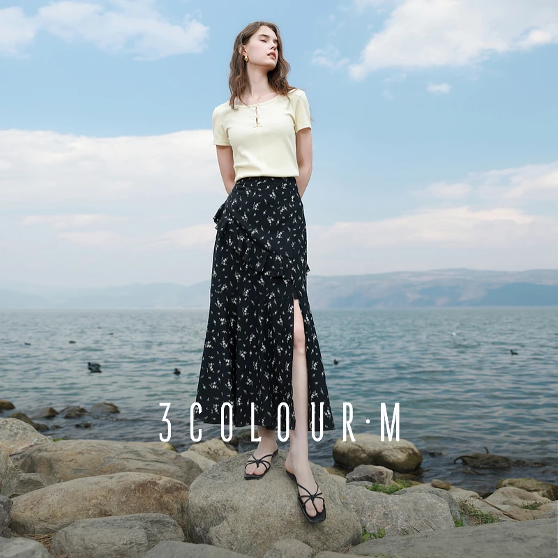 三彩2025夏季新款碎花雪纺印花半身裙荷叶边开叉鱼尾裙长裙女M