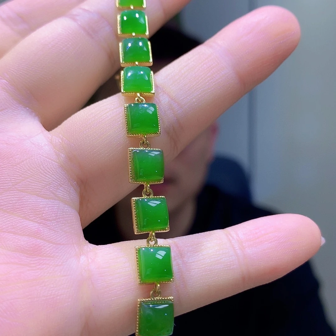 手链银S925镀金镶嵌和田玉（碧玉）