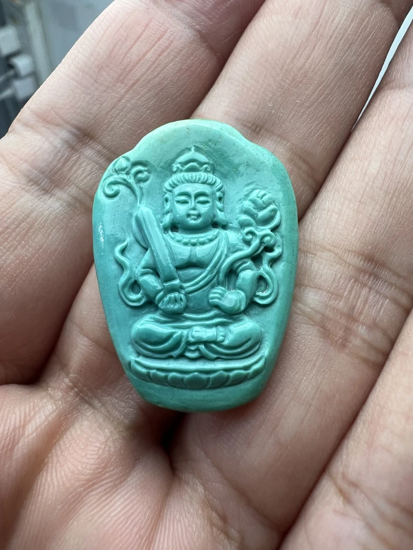 原矿绿松石地大质检基地发货证书手工雕刻虚空藏挂件吊牌高瓷色绿