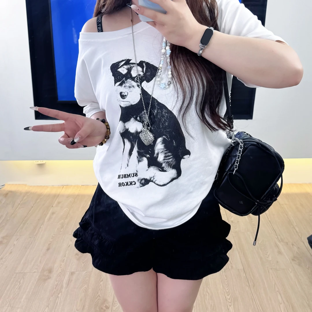 胖MM夏季新款韩版穿搭休闲宽松慵懒风露肩印花设计感短袖T恤