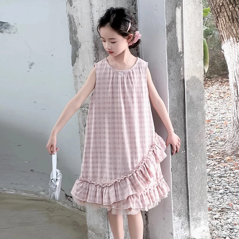 女童连衣裙夏季2025新款儿童洋气格子背心裙子女孩夏装花边公主裙
