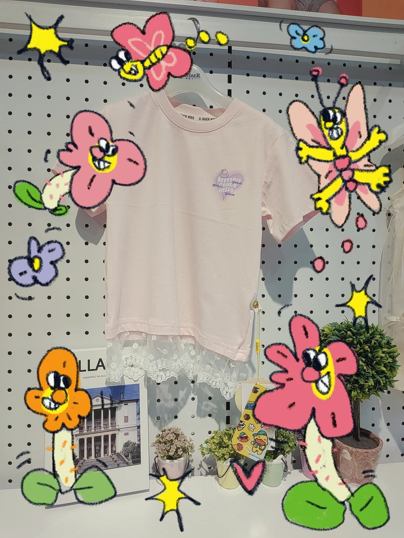 百搭亲子短袖小童满印T恤夏季韩版蕾丝女女童心形