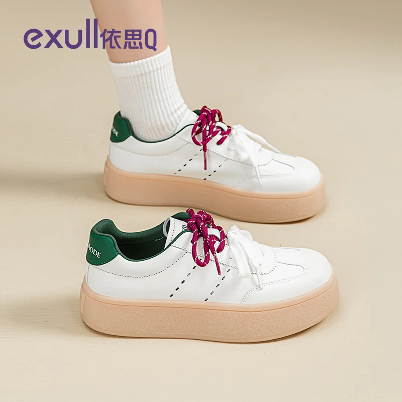 依思Q真皮厚底德训鞋女款2025秋季新款休闲百搭小白鞋子增高板鞋