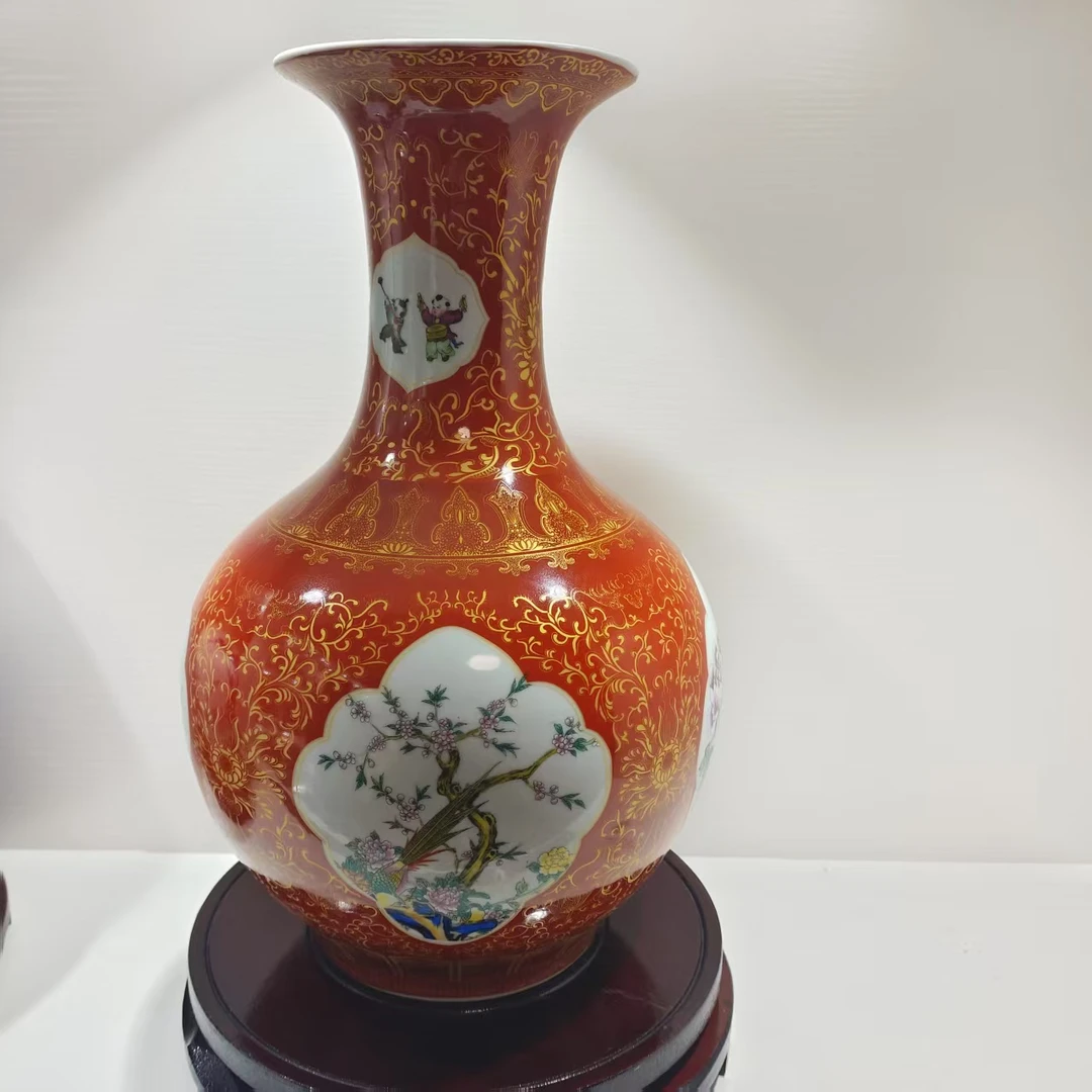 景德镇陶瓷珊瑚红开窗粉彩赏瓶