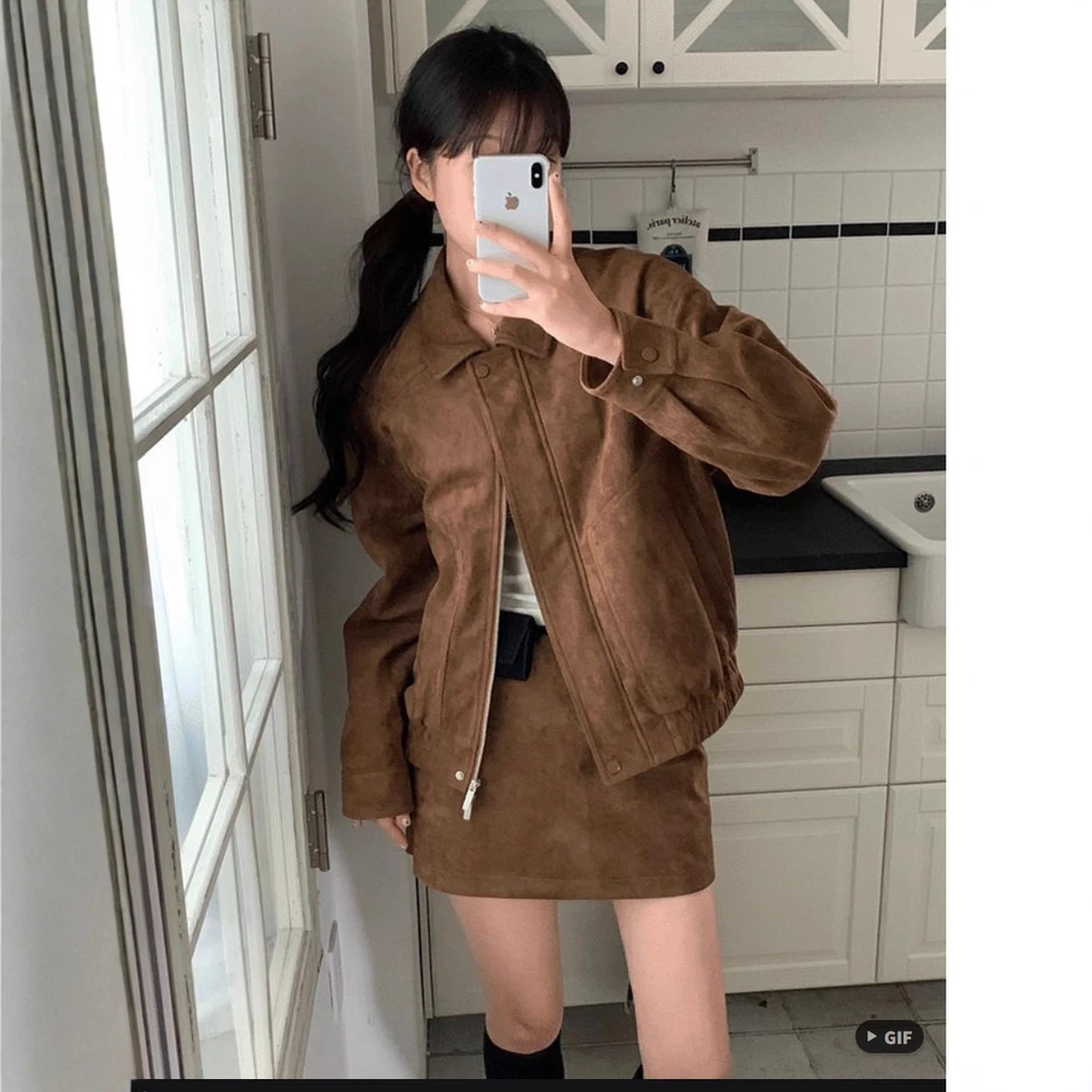 韩式chic秋日美拉德麂皮绒夹克长袖外套+A字半身裙时尚套装女装