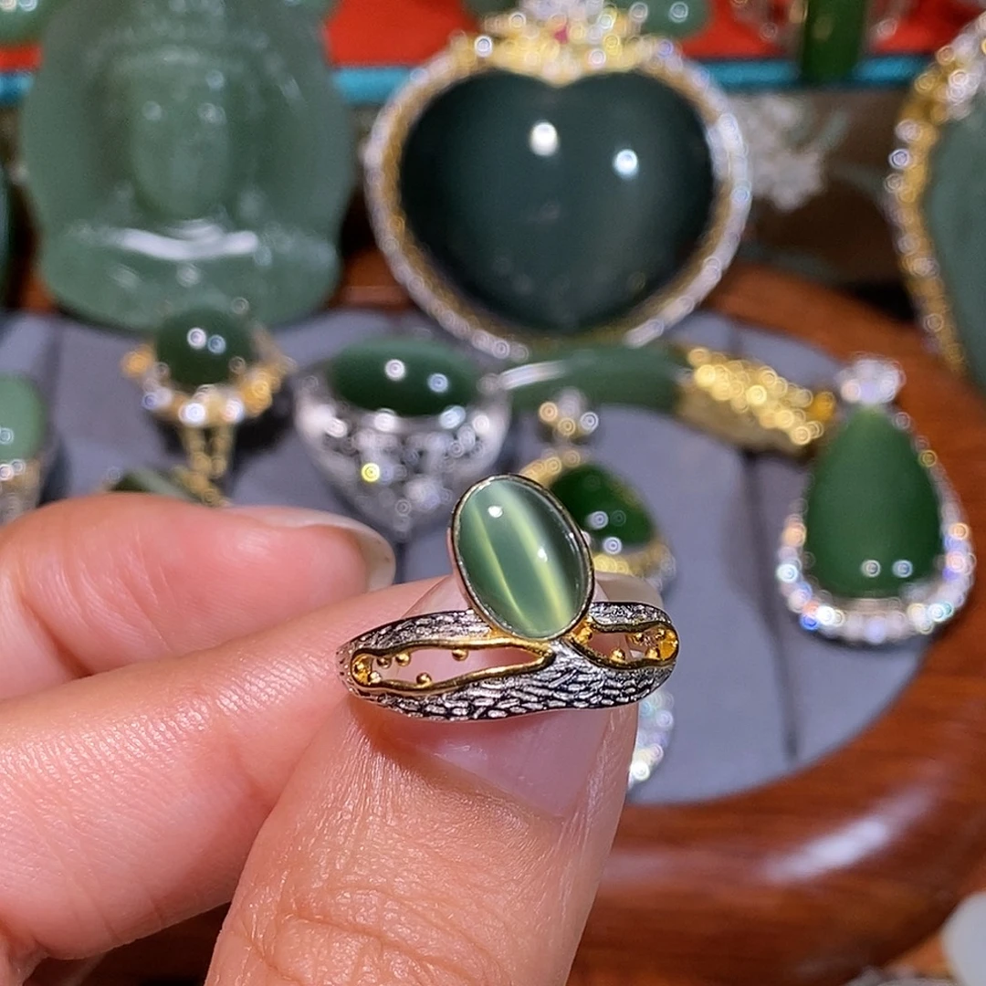 和田玉（碧玉）银S925镶嵌戒指