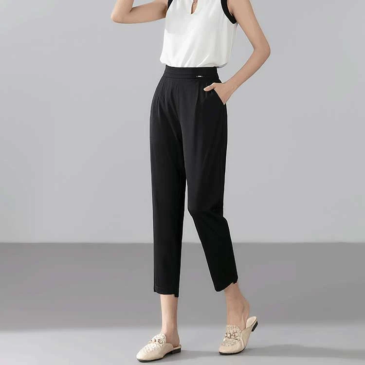 夏季薄款八九分烟管妈妈裤百搭休闲小直筒高腰显瘦宽松弹力西裤