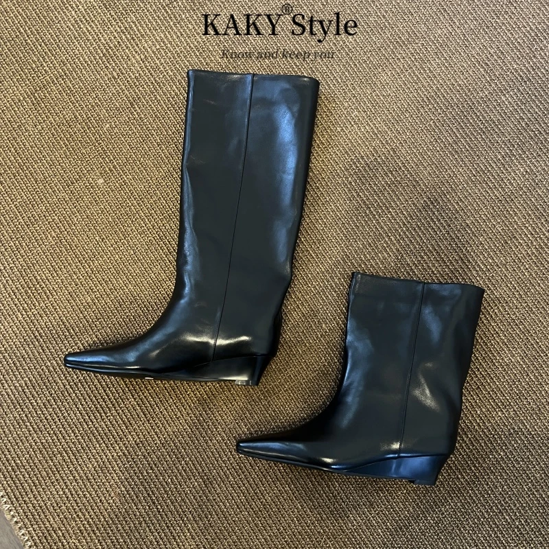 4厘米真皮方头坡跟时装靴女士2025秋冬时尚长筒靴方头短靴骑士靴