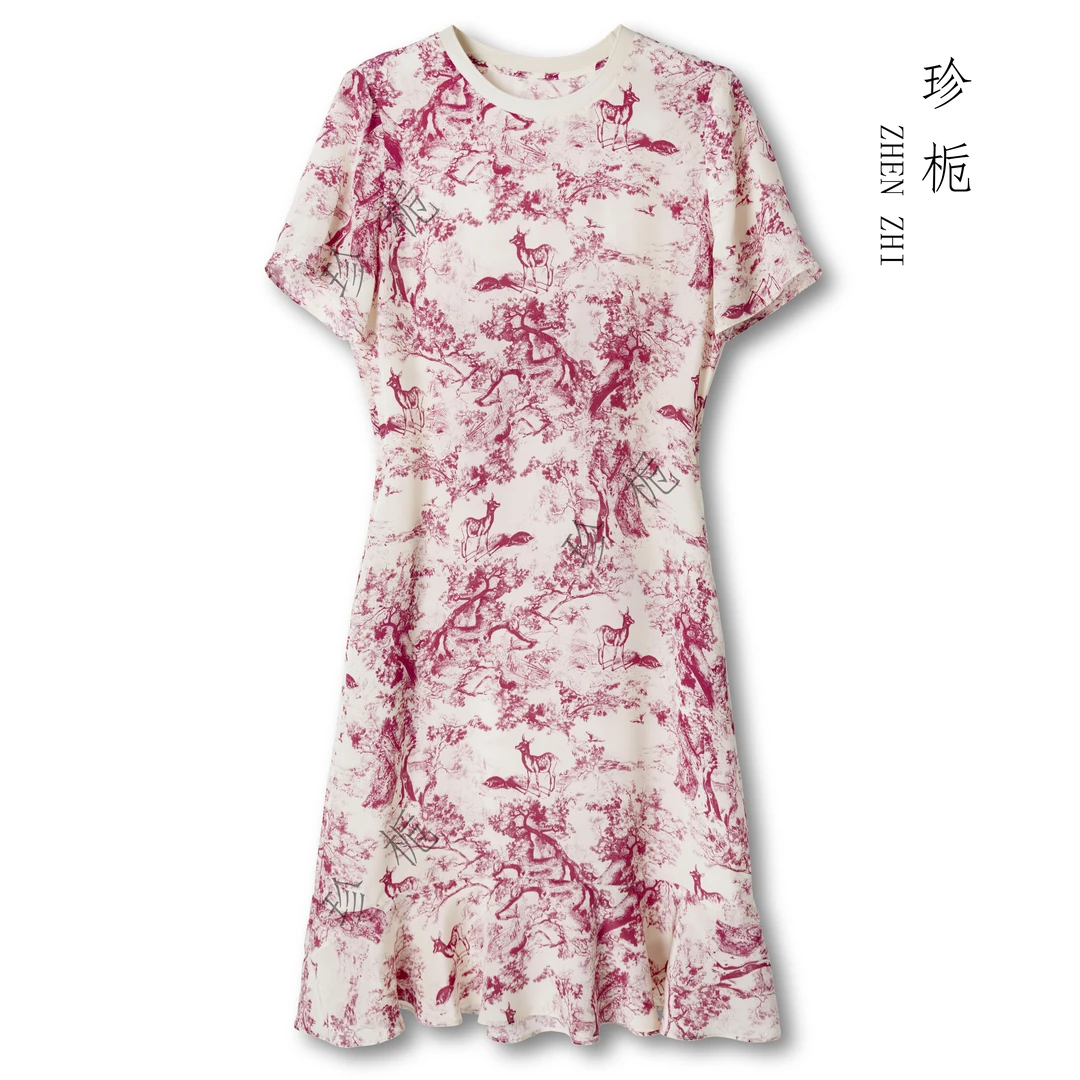 珍栀【粉色林间】夏季04双绉100%桑蚕丝碎花休闲圆领连衣裙2025-061