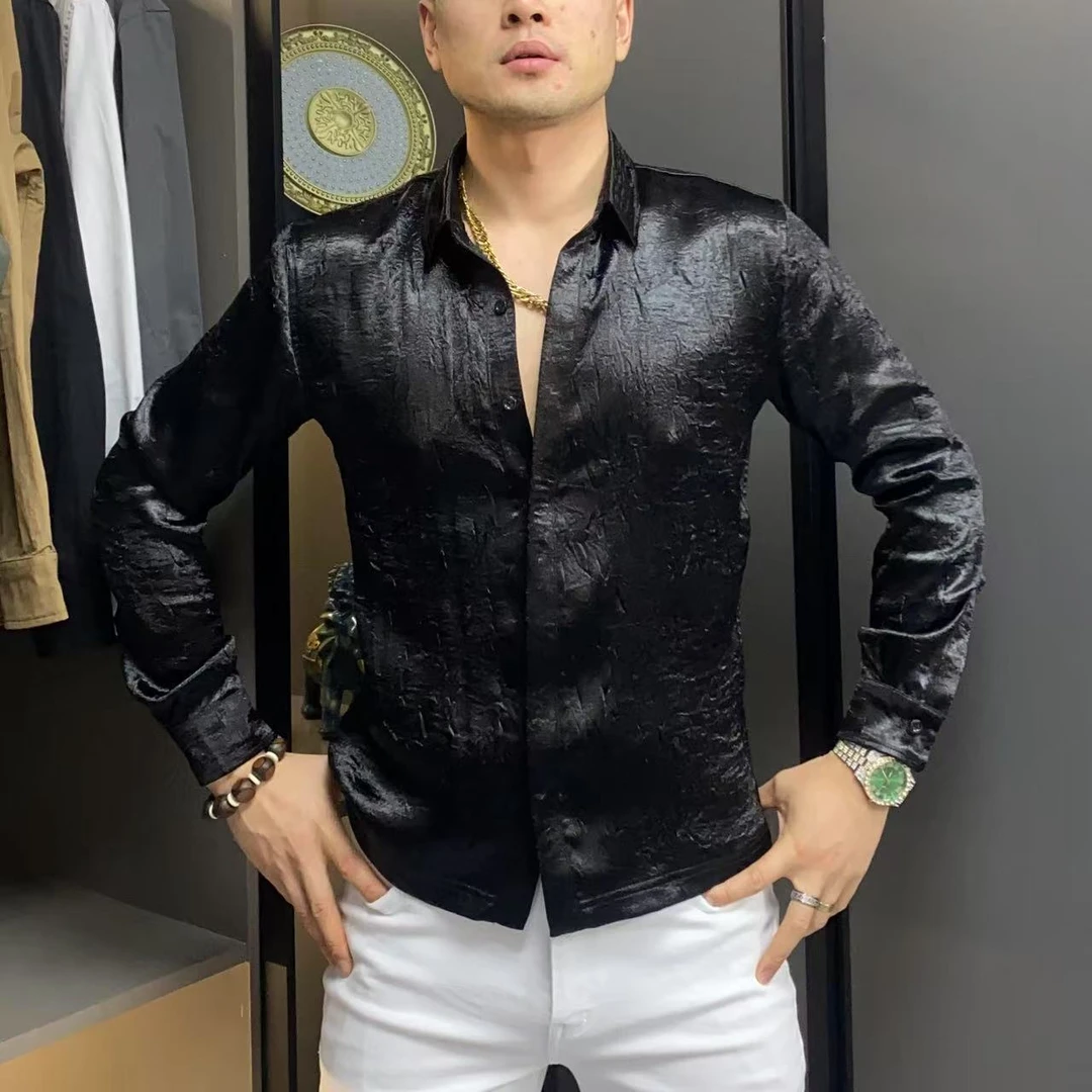 2025秋季新款男士痞帅潮流修身高级感轻奢翻领时尚长袖衬衣衬衫