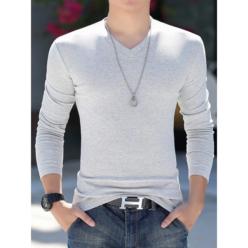DeweLvum匠心制作！一眼就爱上!薄款纯色V领商务修身长袖打底衫男