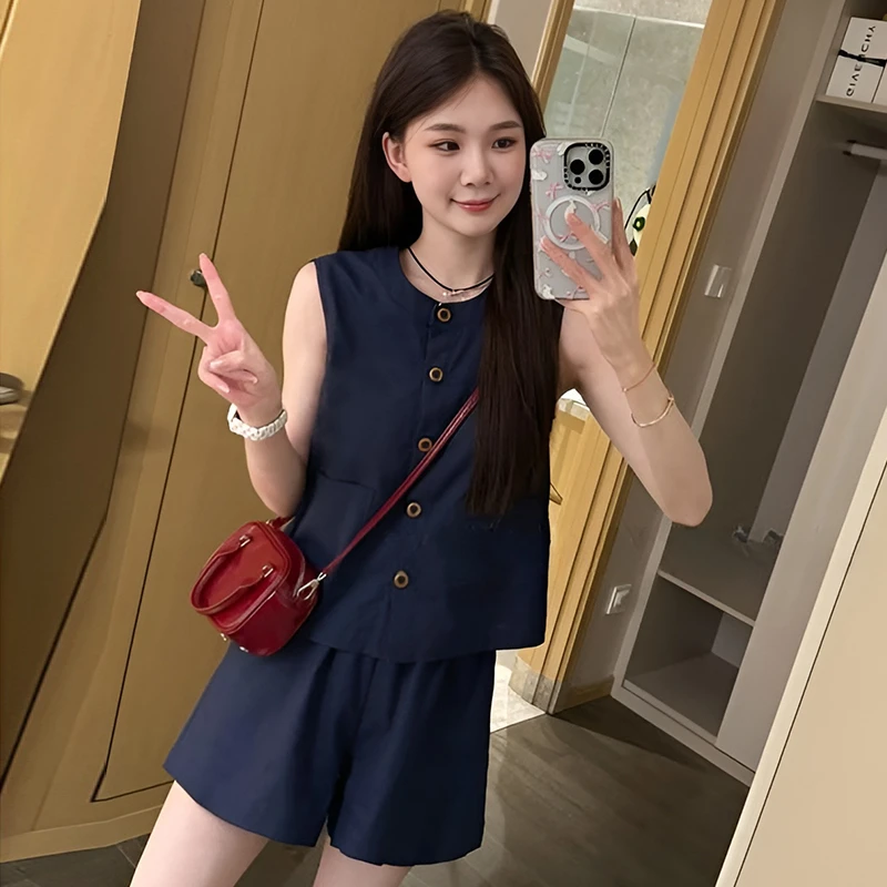 韩系无袖衬衫套装女2025年夏季新装小个子洋气时髦高腰短裤两件套